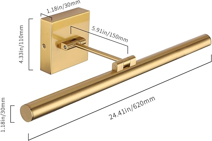 LED Picture Light Fixtures 24.4 Inches, Full Metal Artwork Wall Lamp with Single Swing Arm, 14W (70W Eqv.), Hardwired Connection, Non-Dimmable, 3000K Warm White, CRI80+, Golden-Like Brass Finish