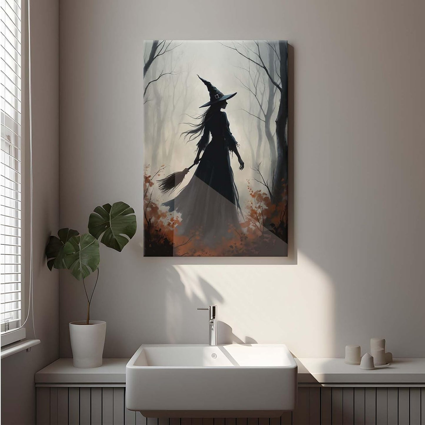 Vintage forest witch silhouette poster Halloween mural poster decoration mural art magic suitable for home living room bedroom12x16in Wood Framed