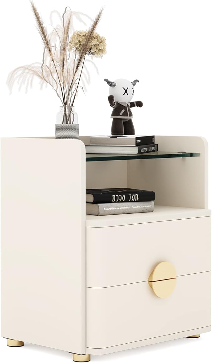 Nightstand with 2 Drawers, Modern Night Stand with Open Storage Space, Wood Bed Side Table for Bedroom, Tempered Glasses Beige End Table with Gold Round Metal Legs for Living Room, Easy Assembly