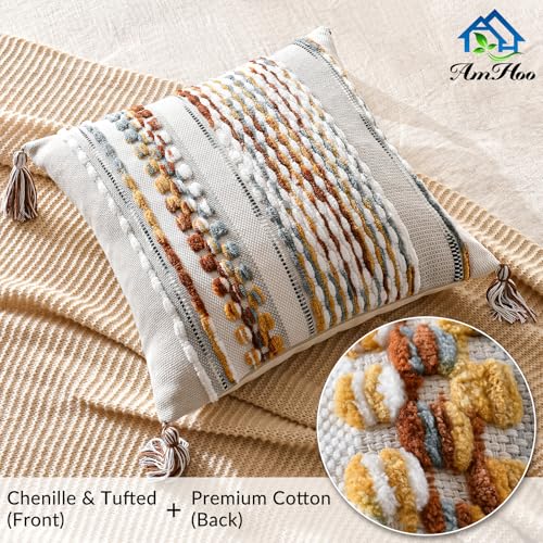 Set of 2 Chenille Striped Textured Boho Throw Pillow Covers Aesthetic with Tassels Woven Decorative Pillow Case for Couch Bed Sofa Bedroom Modern Funky 18 x 18 (2 Count)