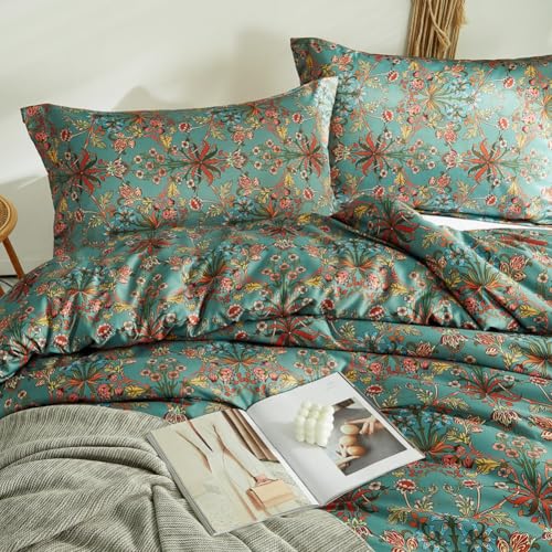 Queen Comforter Set Vintage Floral Boho Comforter for Queen Bed Aesthetic Floral Bedding Comforter with 2 Pillowcases Flower Leaves Boho Bedding Sets Farmhouse Botanical Flower Comforter Set