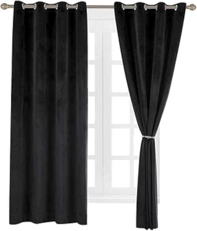 Cherry Home Set of 2 Velvet Thermal Blackout Curtain Panel Drapes Grommet Draperies Eyelet 52Wx84L inch Black(2 Panels) Theater| Bedroom| Living Room| Hotel