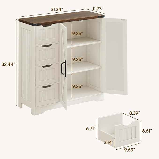 Vabches Farmhouse Bathroom Cabinet, Freestanding Storage Cabinet with 4 Drawers and 2 Doors, Rustic Storage Organizer with Adjustable Shelf for Bathroom, Living Room, Entryway, White