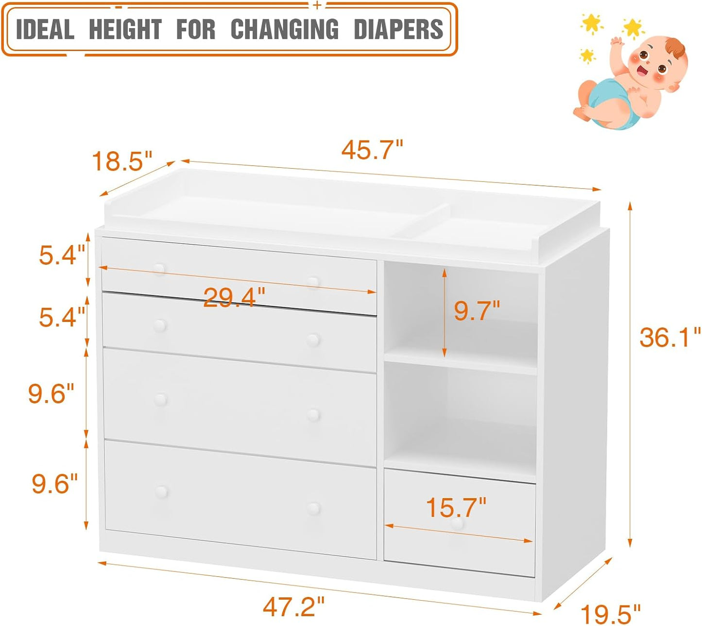 Changing Table Dresser, Baby Classic Nursery Dresser with 5 Drawers and 2 Shelves, Multi-Functional Baby Changing Table, Diaper Changing Station for Children's Room, White
