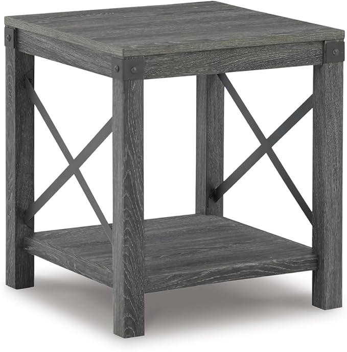 Signature Design by Ashley Freedan Rustic Square Farmhouse End Table, Wood, Metal Crossbuck Accents, Lower Display Shelf, 22.63" High, Gray
