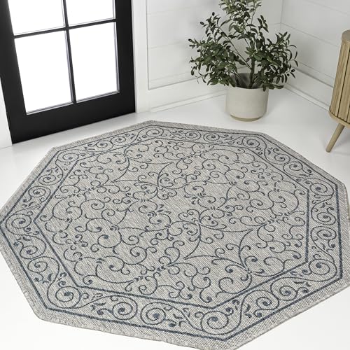 Vintage Filigree Indoor Outdoor Octagon Area Rug 8 Ft Gray
