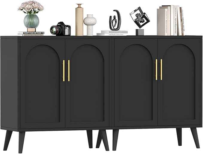 Rovaurx Set of 2 Storage Cabinet with 4 Doors, Modern Accent Bathroom Floor Cabinet, Buffet Cabinet Sideboard with Adjustable Shelves for Living Room, Entryway, Dining Room and Kitchen, Black