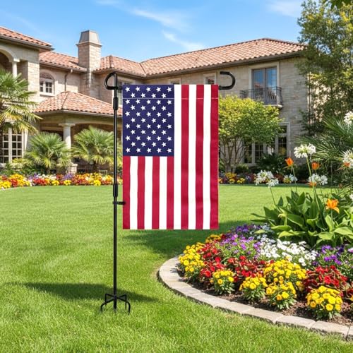 Garden Flag Stand with American Flag Garden Flag Heavy Duty Metal Yard Flag Holder Pole Stake Small Flag Stands for Garden Flags 12 x 18 with Clips and Stopper
