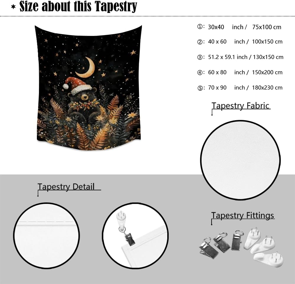 Whimsical Christmas Tapestry Moon Stars Dark Aesthetic Wall Hanging Decor Cute Bear Tapestries for Kids Room Decoration Funny Christmas wall art for Bedroom Dorm Living Room 30x40inch