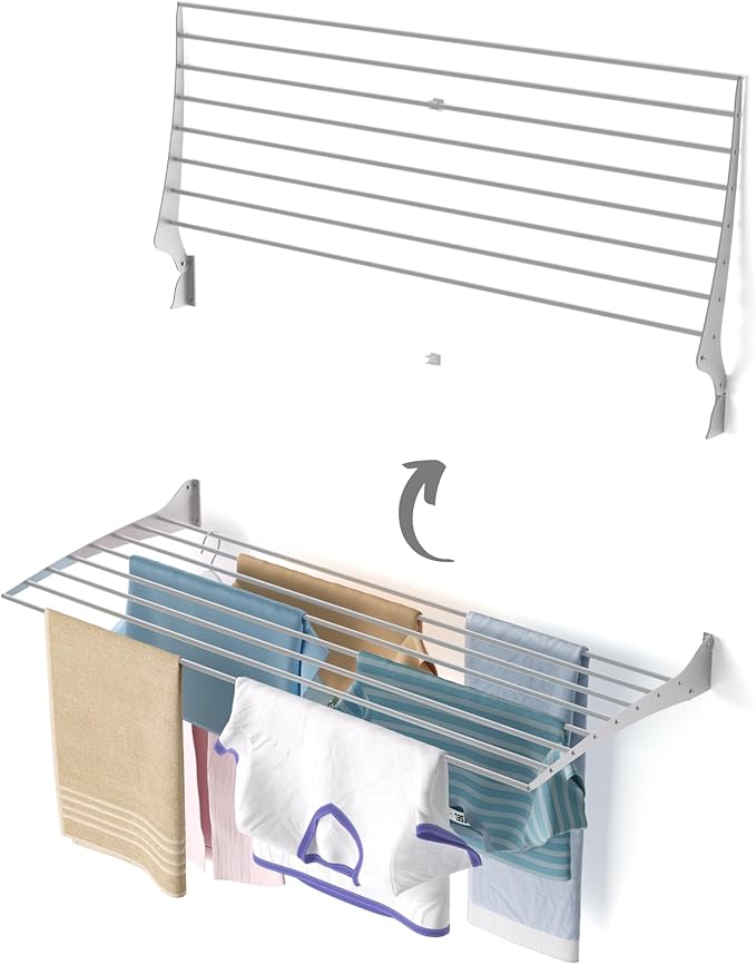 foxydry Fold, Wall-Mounted Clothes Drying Rack, Vertical Folding Indoor Outdoor Clothes line in Aluminium Steel (120 cm)