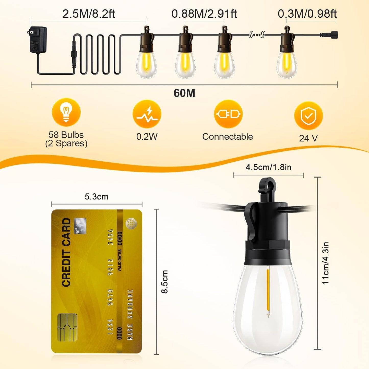 Outdoor String Lights Patio LED Light Outside - 60M 58+2 S14 LED Dimmable 200ft Porch Lighting IP65 Waterproof