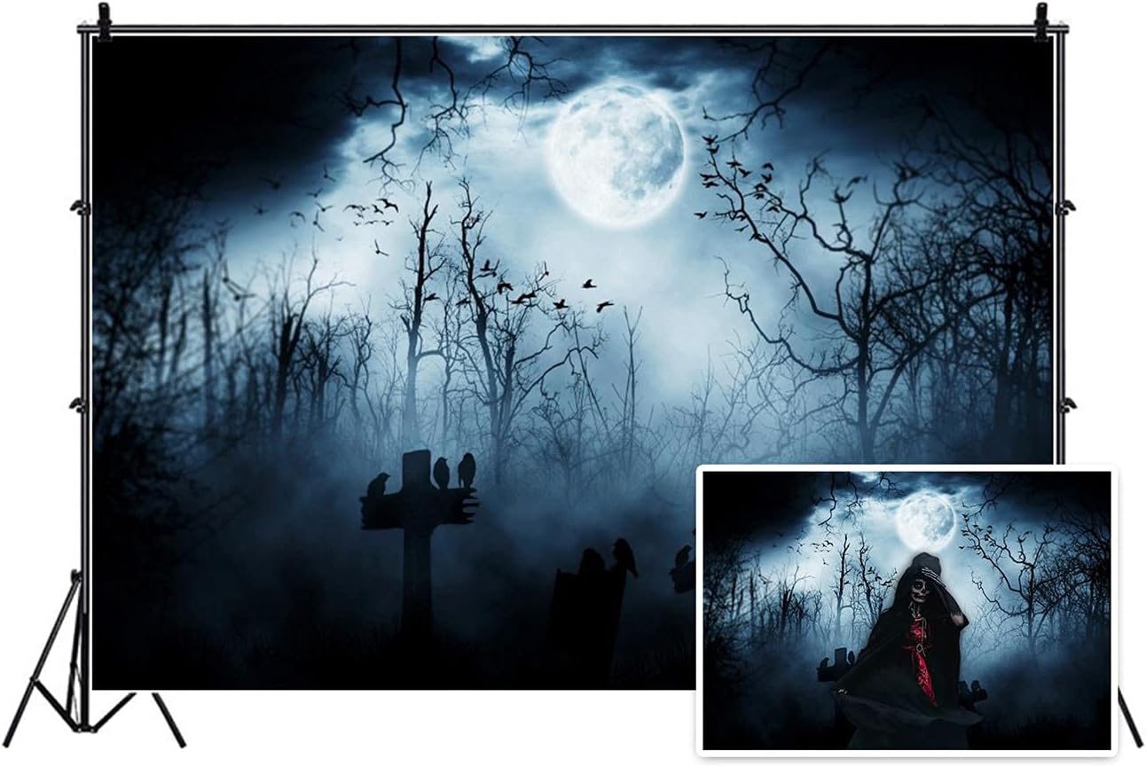 AOFOTO 10x8ft Moon Night Halloween Cemetery Photography Backdrop Flying Bats Birds Stand on Gravestone Cross Graveyard in Dark Forest Photo Background Cloth Vinyl Wallpaper Photo Studio Props