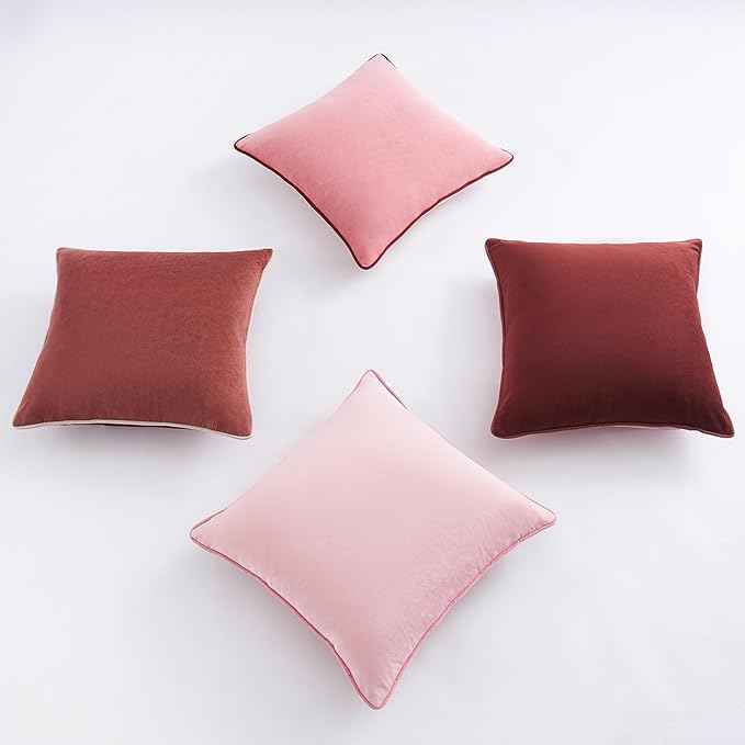 MONDAY MOOSE Decorative Throw Pillow Covers Cushion Cases, Set of 4 Soft Velvet Modern Double-Sided Designs, Mix and Match, Pillow Inserts Not Included (22x22 inch, Pink/Dark Pink)