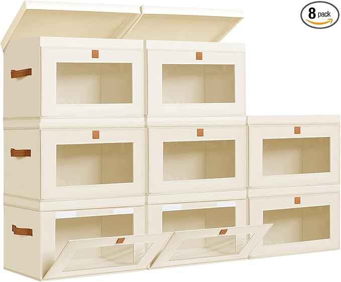 DIMJ Storage Bins with Lids - 8 Pack Large Fabric Closet Organizer with Window & Handles, Collapsible Decorative Storage Boxes for Shelves Under Bed, Books Clothes Blankets Sweaters Organization