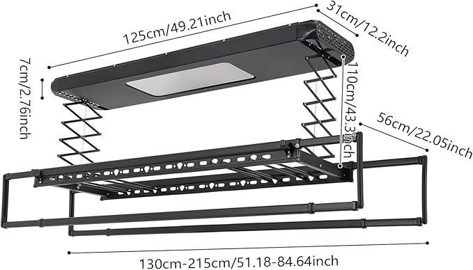 Electric Retractable Airing Rack Black, Ceiling Clothesline 77lbs Load, Ceiling Mounted Clothes Drying Rack 24W with Remote and Light for Laundry Balcony (Black)