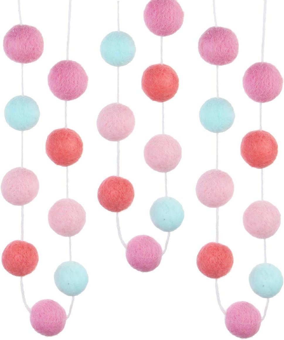 CCINEE 9.8 Feet Felt Ball Garland Pink Pom Poms Balls Strings (24Pieces Bulk) Handmade 4 Colors Mixed 1.2" for Birthday Banner Festival Spring Party Favor