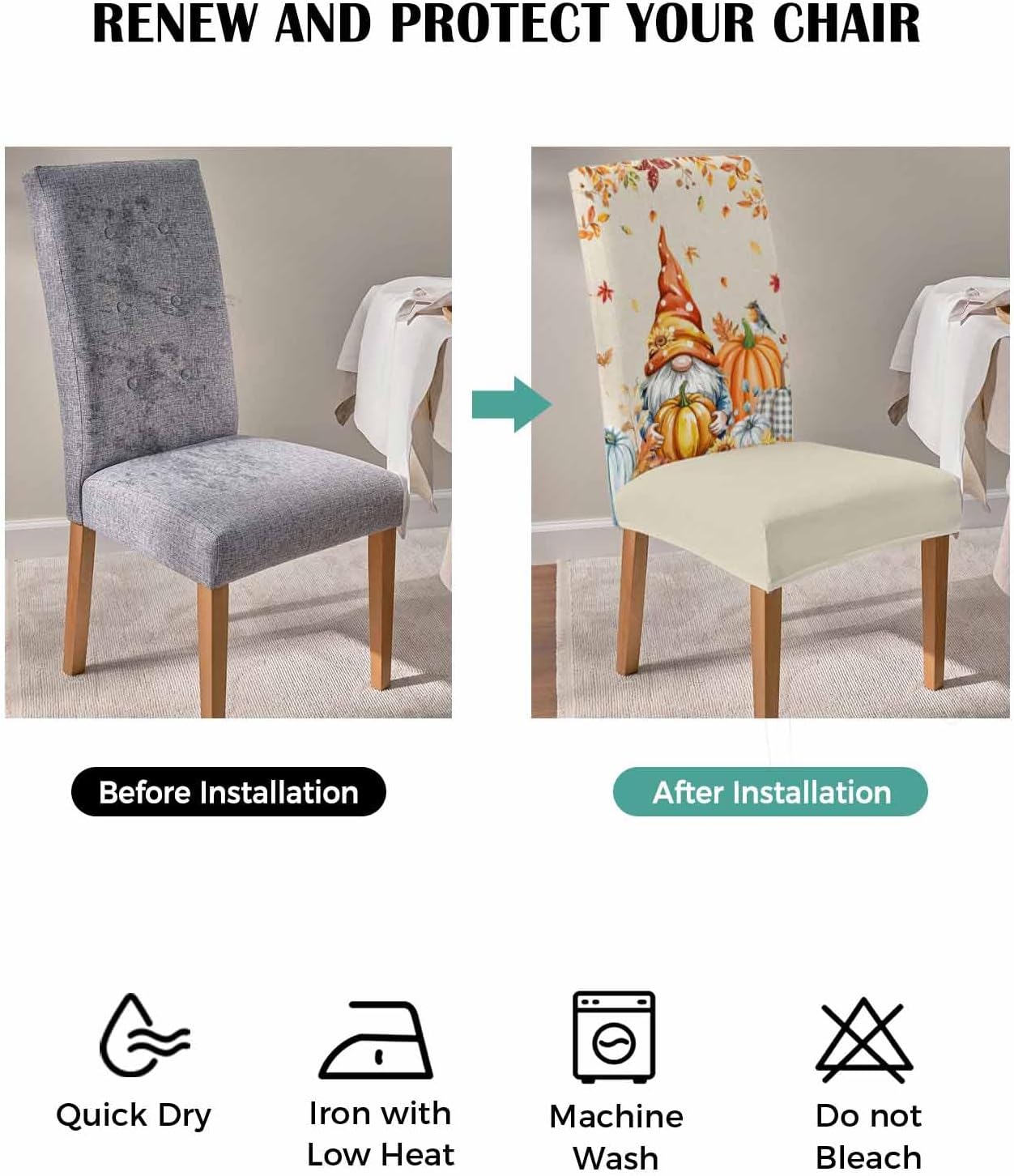 4 Pcs Dining Chair Covers Stretch Spandex Slipcovers Farm Thanksgiving Gnome Pumpkin Removable Washable Dining Room Seat Cover Cushion Protector for Home Hotel Banquet Decor Fall Maple Leaves Linen