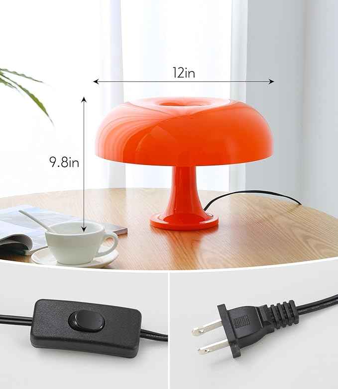 Orange Mushroom Lamp, Mid Century Modern Table Lamp for Bedroom, Aesthetic Mushroom Decor Bedside Small Lamps, 2700K(Bulb Replaceable, Bulb Included, Plug Powered)