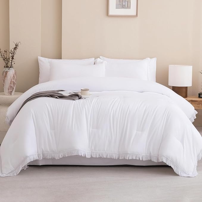Andency Oversized King Comforter Set White 120x98-7 Pieces Boho Tassel Bed in a Bag Soft Lightweight Bedding Sets, Fringe All Season Bed Set with Comforter, Sheets, Pillowcases & Shams