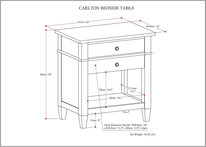 SIMPLIHOME Carlton Bedside Table - 24 inch Wide Solid Wood Nightstand Table in Distressed Grey, Transitional Bedroom Side or End Table with 2 Drawers, Open Storage Shelf and Bronze Hardware