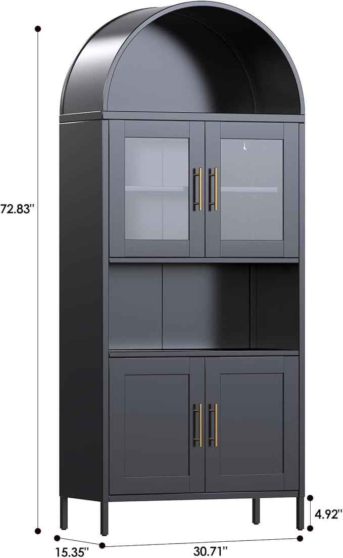 Metal Arched Cabinet with Glass Doors, Tall Arch Display Bookshelf, Kitchen Pantry Cabinet for Home Office,Required Assembly(Black)