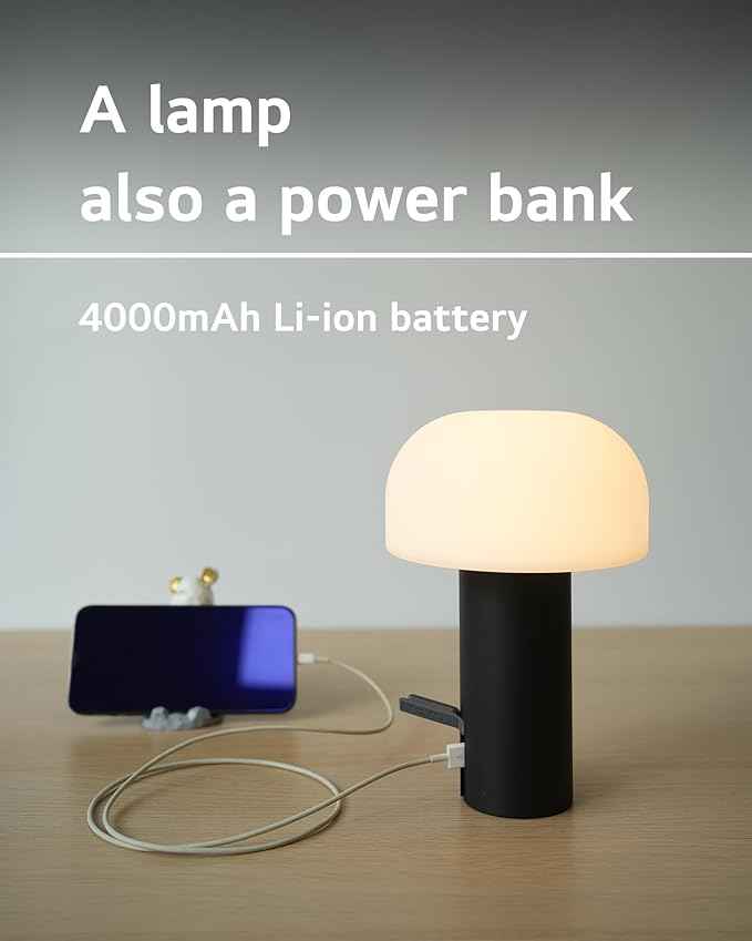 Cordless Mushroom Table Lamp, Waterproof Shower Lamp, Battery Operated Table Lamp Rechargeable, Touch Dimmable Night Light for Bedroom/Patio/Camping/Dinning/Outdoor (Black)