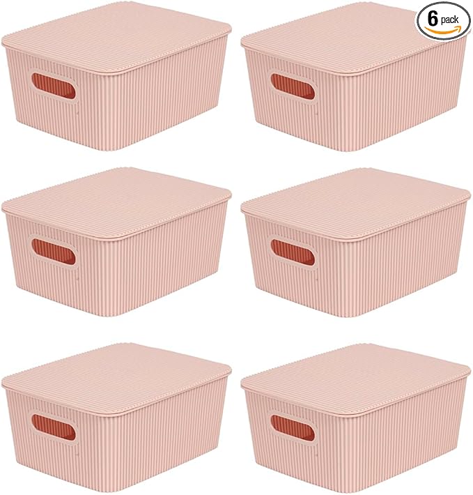 Glad Storage Baskets with Lids - Set of 6 Stackable Plastic Boxes with Handles - Decorative Shelf Organizer Bins for Bathroom and Closet, Pink, 1 Gallon