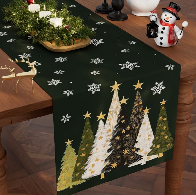 Christmas Table Runner Snowflakes Christmas Tree Home Decorations Green
