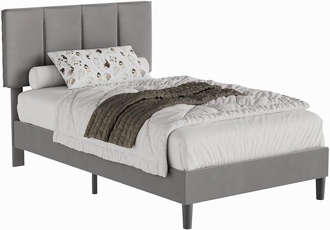 VECELO Twin Size Bed Frame with Upholstered Headboard, Heavy-Duty Bedframe with Wooden Slats & Steel Framework, Easy Assembly, Dark Grey