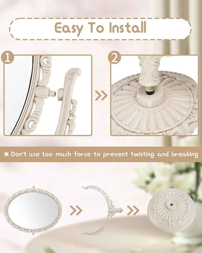 XPXKJ Vintage Vanity Mirror Shabby Chic Decor | 360° Rotating Double-Sided Table Makeup Mirror with Stand Bedroom Decoration Perfect for Tabletop, Desk, or Makeup Station