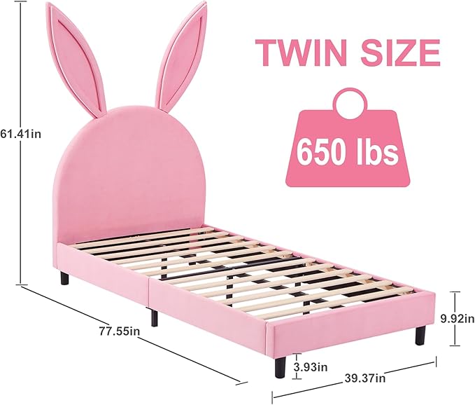 VECELO Twin Size Bed Frame with Storage Organizer, Heavy-Duty Platform with Rabbit Shaped Headboard for Girls Kids Room, Storage Organizer, Easy Assembly, Pink