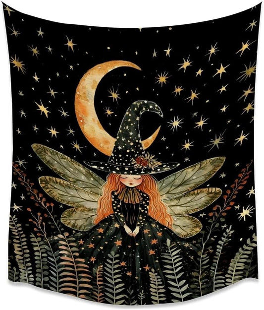 Dark Academia Witch Fairy Tapestry Wall Hanging Magical Moon Starry Night Art Print Halloween Witchy Artwork Aesthetic Wall Tapestries for Girls Bedroom Living Room Dorm Decoration 60x80inch