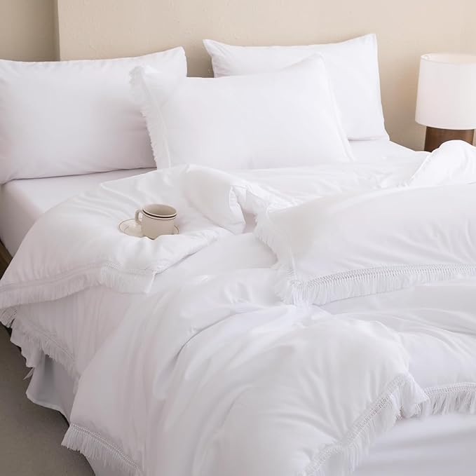 Andency Oversized King Comforter Set White 120x98-7 Pieces Boho Tassel Bed in a Bag Soft Lightweight Bedding Sets, Fringe All Season Bed Set with Comforter, Sheets, Pillowcases & Shams