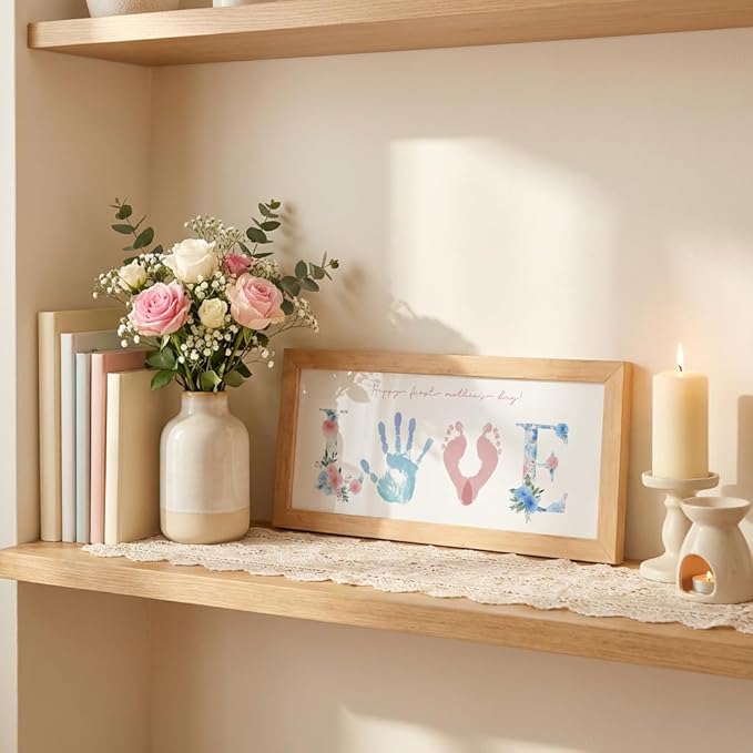 TwoDays First Mother's Day Handprint Gift from Baby - DIY LOVE Keepsake Hand & Footprint Craft Kit for Mom, Family Activity, Great Newborn Gift for Mother's Day (6" X 14", Wood Frame)