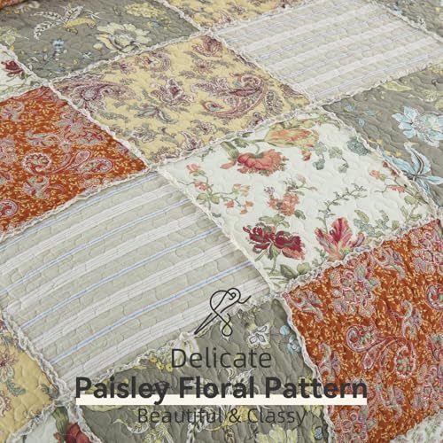 3 Piece Quilt Set Queen Size Quilted Bedspread Reversible Country Style Floral Real Patchwork Bedding Quilt Set with Ruffles with Pillowcases for All Seasons