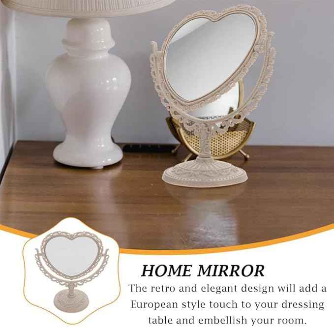 AKOAK Heart-Shaped Cosmetic Mirror - Plastic, Double-Sided, Rotatable, Lightweight - Bathroom & Bedroom Mirror (Beige)