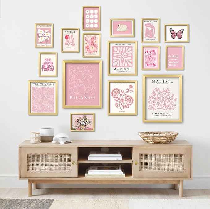 16 PCS Framed Pink Wall Art Decor, Matisse Wall Prints for Bedroom, Gallery Wall Frame Set, Minimalist Posters for Living Room Aesthetic, Collage Kit, Teen Girls Dorm Home Artwork