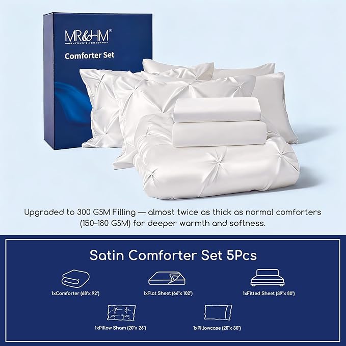MR&HM Satin Comforter Twin XL 5 Pieces - Luxurious Pinch Pleat Bedding Set with Comforter, Flat Sheet, Fitted Sheet, Pillowcase & Sham, Super Silky Soft Bed Set for All Season (Twin XL, Ivory)