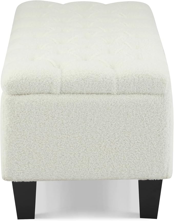 Christopher Knight Home Ottilie Boucle Fabric Storage Ottoman Bench, Wooden Rectangular Ottoman with Storage, Bedroom End of Bed Foot Stool, Entryway Ottoman Footrest, Living Room Extra Seat, White