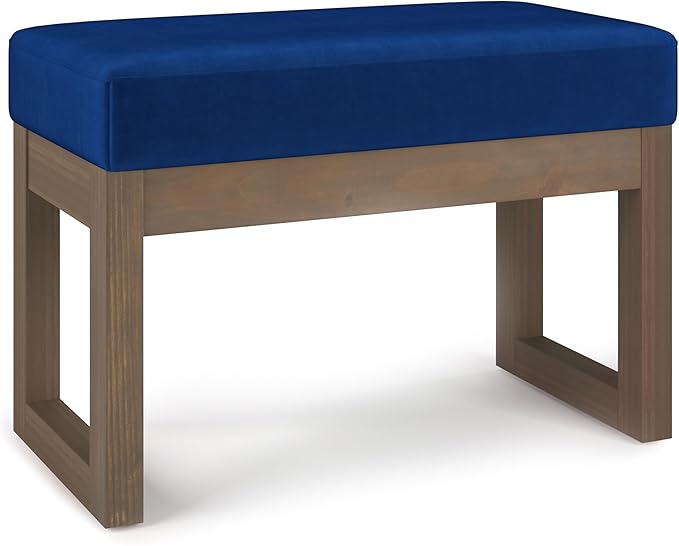 SIMPLIHOME Milltown Small Ottoman Bench - 27 inch Wide Upholstered Velvet Fabric Rectangle Footstool Ottoman in Blue, Contemporary Bench for Bedroom with Cushioned Seat, Assembled