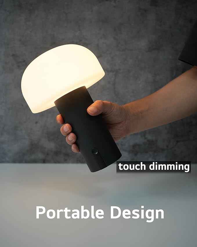 Cordless Mushroom Table Lamp, Waterproof Shower Lamp, Battery Operated Table Lamp Rechargeable, Touch Dimmable Night Light for Bedroom/Patio/Camping/Dinning/Outdoor (Black)