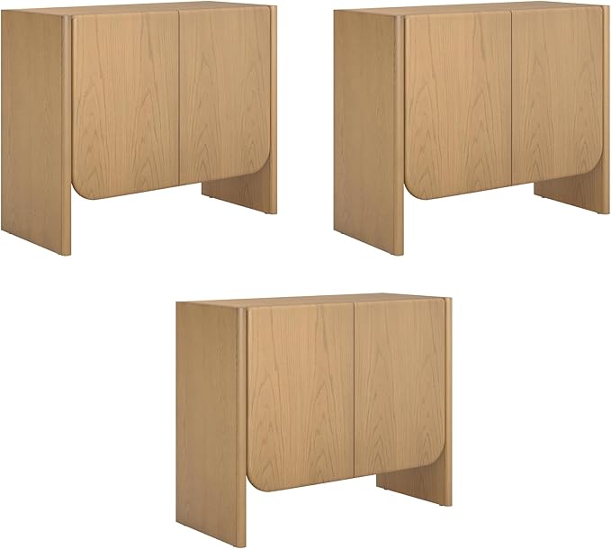 Nathan James Jacala Mid Century Modern Media Console Cabinet or TV Stand, Entryway Storage Cabinet with Doors and Wood Frame, Raw Oak, Set of 3