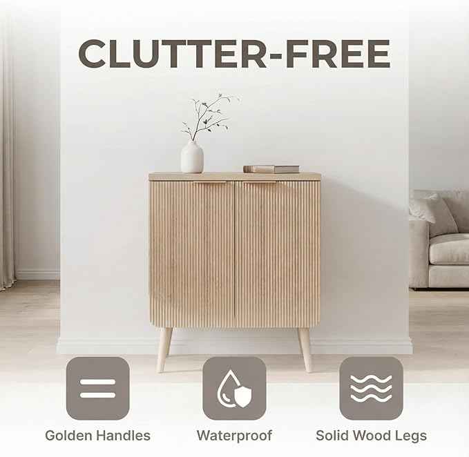 23.6" Modern Fluted Sideboard Cabinet with 2 Doors, Wood Storage Credenza with Shelves, Multi-Purpose Buffet Cabinet for Entryway, Dining & Living Room, Natural Wood