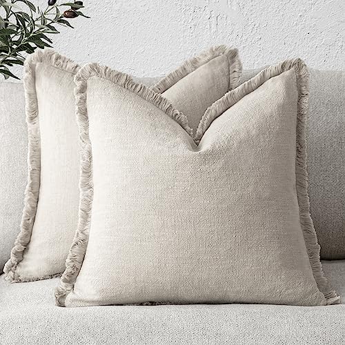 Decorative Linen Fringe Throw Pillow Covers 18×18 Inch (2 Count)