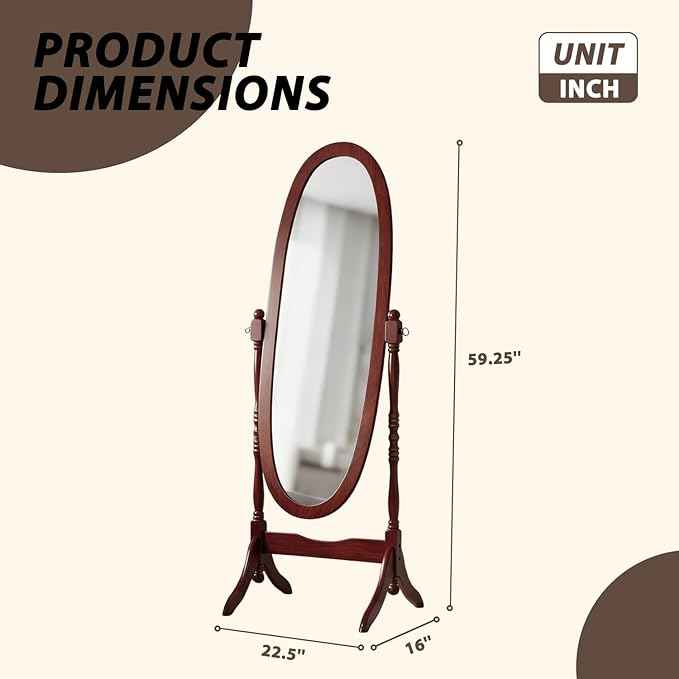 Full Length Mirror with Stand, Vintage Style Wood Floor Cheval Mirror, Traditional Adjustable Free Standing Mirrors Full Length (Cherry)