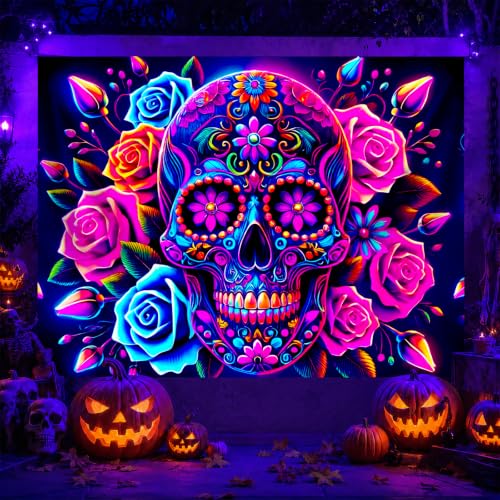 Blacklight Tapestry Sugar Skull Wall Hanging 78 x 59 Inch