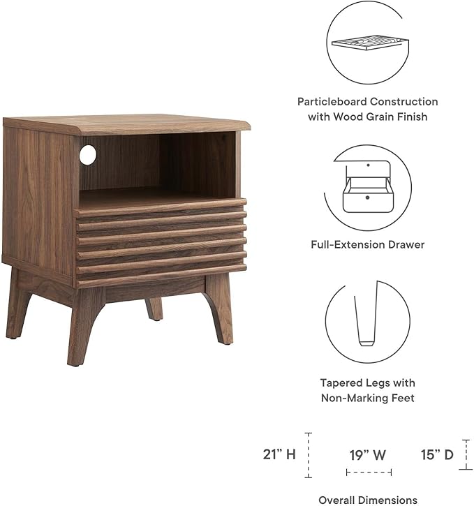 Modway Render Mid-Century Modern, One-Drawer Nightstand, Walnut
