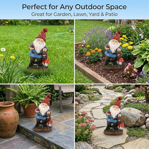 Solar Garden Gnome Statue with Glowing Ladybug & Mushroom