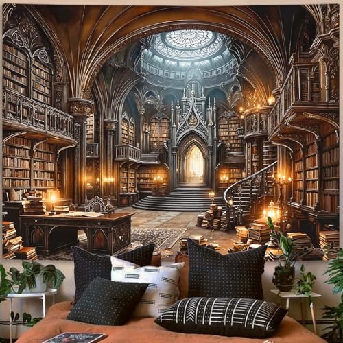 Gothic Library Tapestry Medieval Bookshelf Tapestries Wall Hanging Goth Vintage Dark Academia Hall Book Library Backdrop Large Tapestry for Bedroom Living Room Dorm Classroom 80 x 60 inch