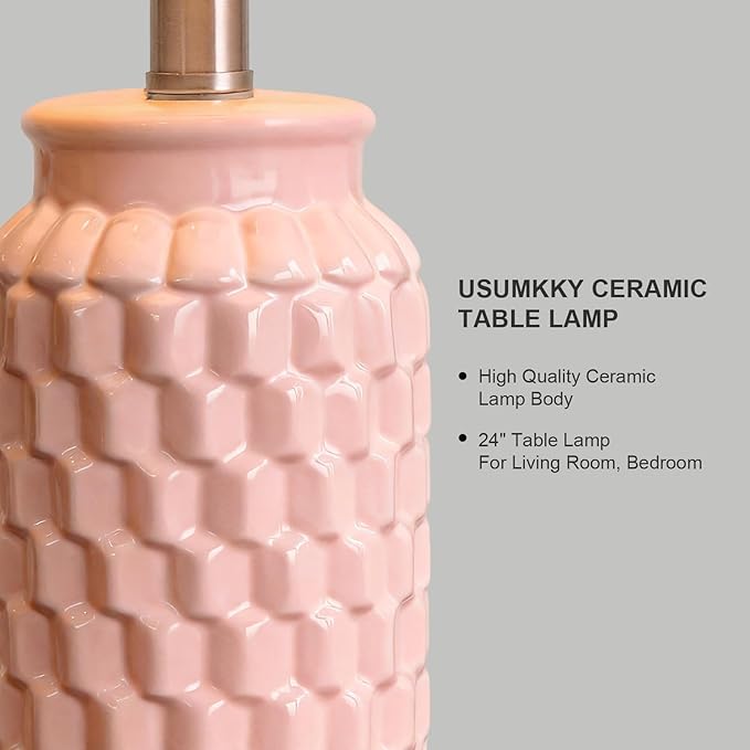 24" Modern Ceramic Pink Bedside Lamp Set of 2 Table Lamp for Bedroom Decor Farmhouse Table Lamp for Living Room Office Dorm